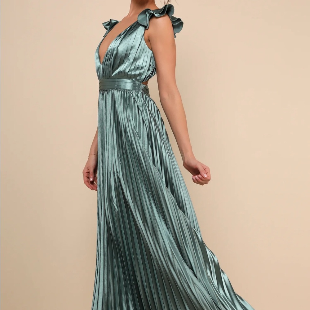 Lulu's Drama Sage Green Satin Lace-Up Pleated Maxi Dress